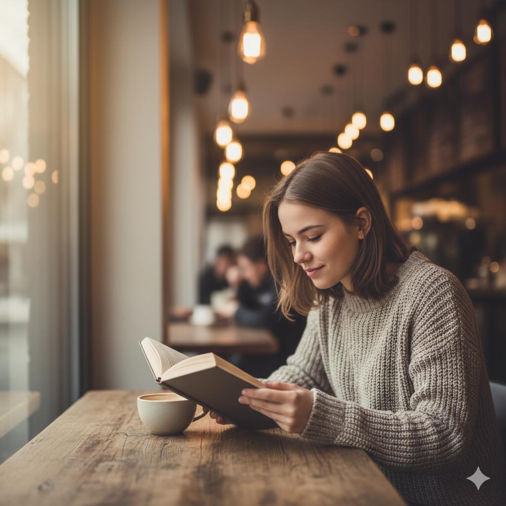A natural lifestyle portrait of a person sitting at a coffee shop, warm lighting, candid moment, cozy atmosphere, blurred background. A natural lifestyle portrait of a person sitting at a coffee shop, warm lighting, candid moment, cozy atmosphere, blurred background.