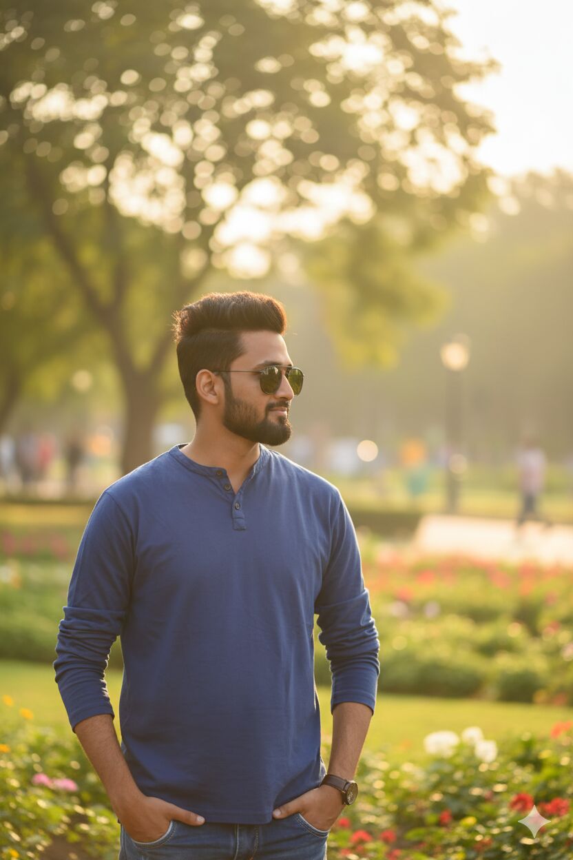 A man standing in a park during golden hour, sunlight softly glowing on the face, shallow depth of field, professional bokeh effect, ultra-realistic. A confident businessman in a modern office, wearing a tailored suit, natural corporate lighting, professional headshot style, sharp focus.