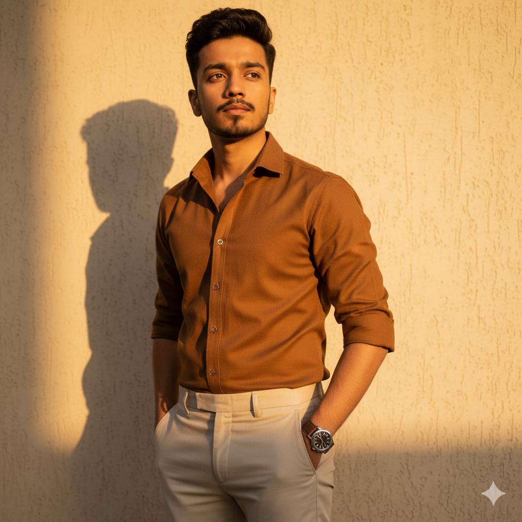 A royal-style portrait of a man in elegant attire, dramatic baroque background, oil painting effect, fine art photography look. An image of a self-assured man standing against a bright wall, with his hands in his pockets and a fashionable timepiece on display, dressed in beige pants and a brown button-down shirt with rolled sleeves. His face and wall are softly shadowed by warm golden-hour lighting, creating a fashion photographic style with precise details.