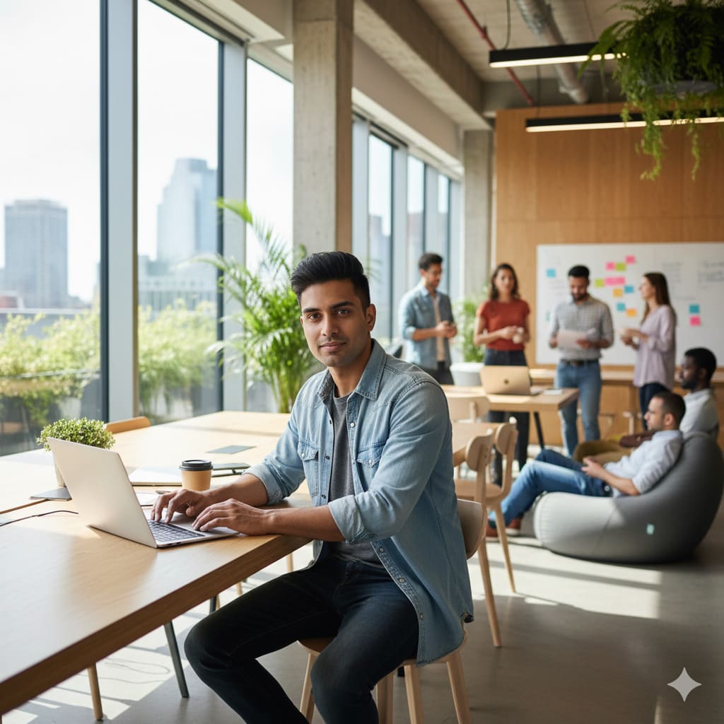 A young tech entrepreneur in a coworking space, casual modern outfit, laptop on desk, bright lighting, natural work environment.