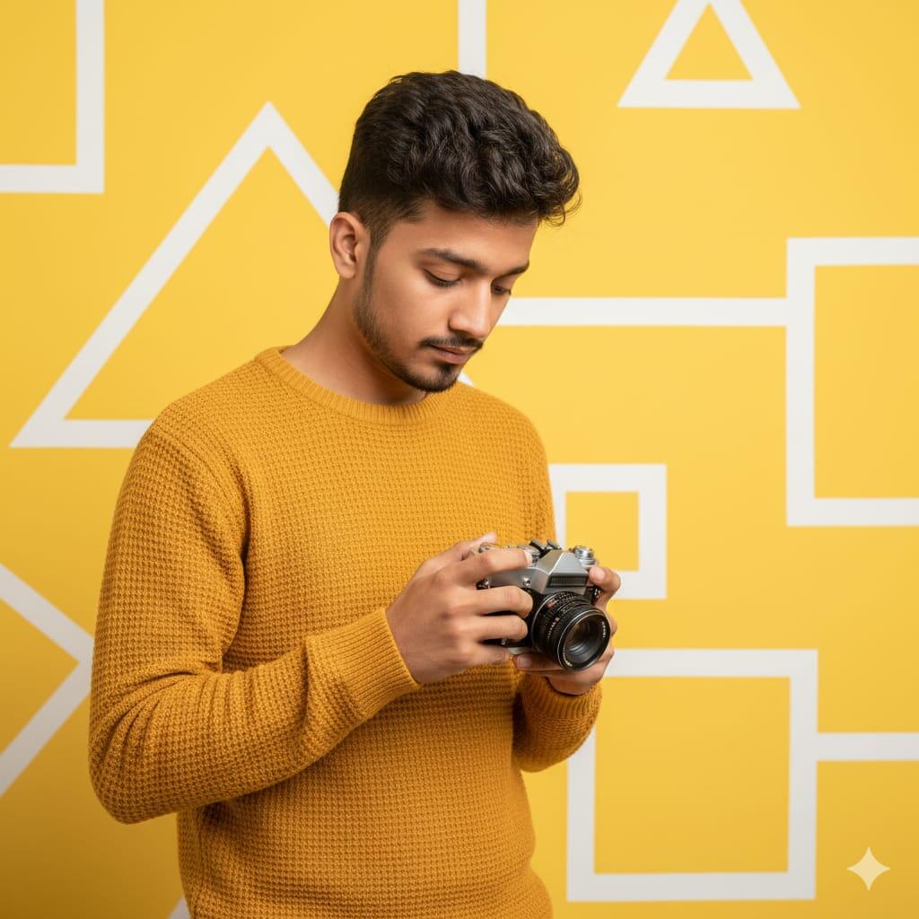 Standing against a bright yellow backdrop with bold white geometric shapes and crisp studio portrait lighting, the artist, wearing a mustard yellow sweater, stares down while clutching a vintage film camera.